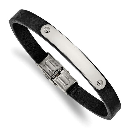 Stainless Steel Polished Leather 8.5in ID Bracelet ,