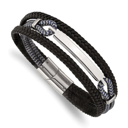 Stainless Steel Polished Leather and Cotton Multi Strand 8.25in ID Bracelet ,