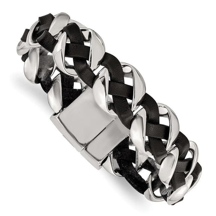 Stainless Steel Polished Leather Braided Bracelet ,