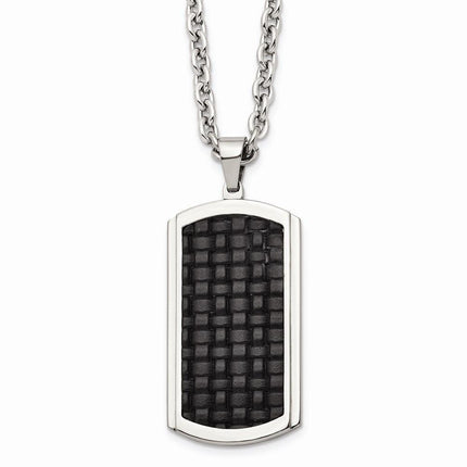 Stainless Steel Polished Leather Inlay Dog Tag Necklace ,