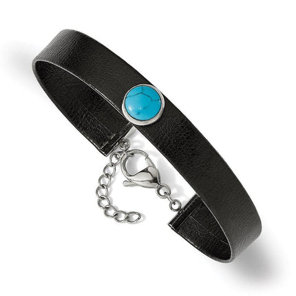 Stainless Steel Polished Leather w/Imit. Turquoise w/1.25in ext. Bracelet ,