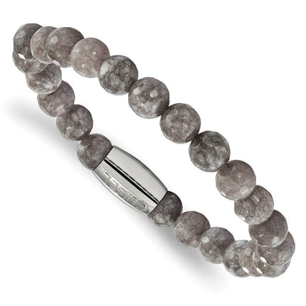 Stainless Steel Polished Light Brown Jade Bead Stretch Bracelet ,
