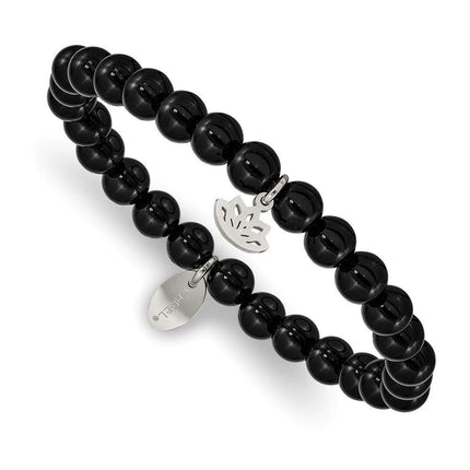 Stainless Steel Polished Lotus Black Agate Beaded Stretch Bracelet ,