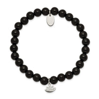 Stainless Steel Polished Lotus Black Agate Beaded Stretch Bracelet ,