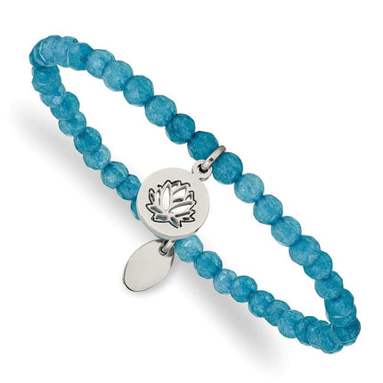 Stainless Steel Polished Lotus Blue Jade Beaded Stretch Bracelet ,