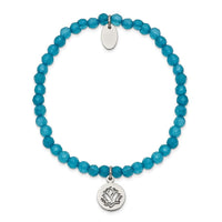 Stainless Steel Polished Lotus Blue Jade Beaded Stretch Bracelet ,