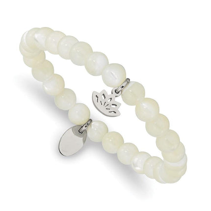 Stainless Steel Polished Lotus Mother of Pearl Beaded Stretch Bracelet ,