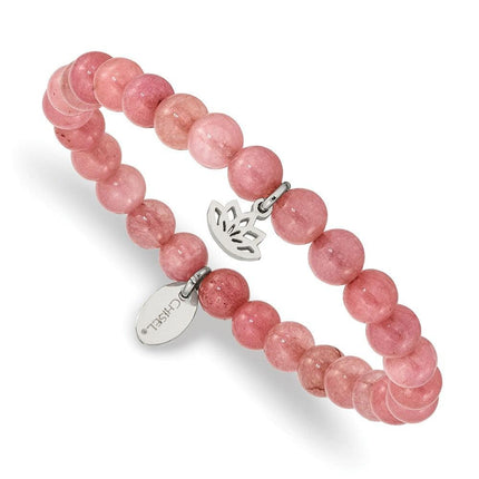 Stainless Steel Polished Lotus Pink Jade Beaded Stretch Bracelet ,