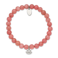Stainless Steel Polished Lotus Pink Jade Beaded Stretch Bracelet ,