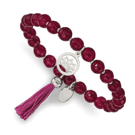 Stainless Steel Polished Lotus w/Tassel Pink Jade Beaded Stretch Bracelet ,