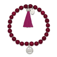 Stainless Steel Polished Lotus w/Tassel Pink Jade Beaded Stretch Bracelet ,