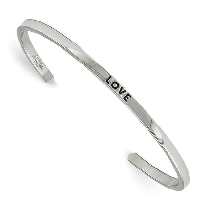 Stainless Steel Polished Love CZ 3mm Cuff Bangle ,