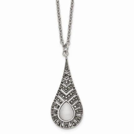 Stainless Steel Polished Marcasite Cat's Eye Necklace ,