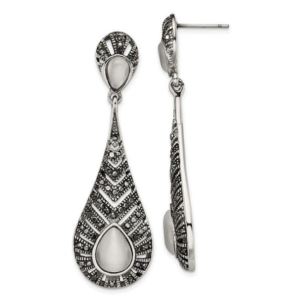 Stainless Steel Polished Marcasite Cat's Eye Post Dangle Earrings ,