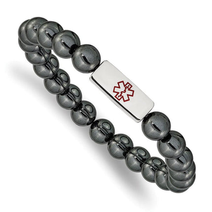 Stainless Steel Polished Medical ID Plate Hematite Bead Stretch Bracelet ,