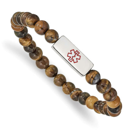 Stainless Steel Polished Medical ID Tiger's Eye Bead Stretch Bracelet ,