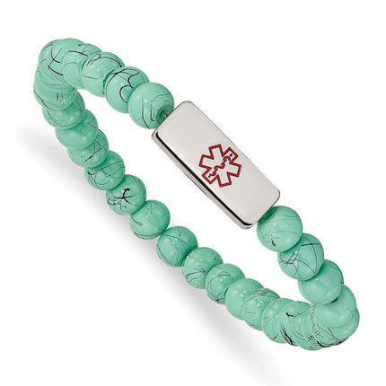 Stainless Steel Polished Medical ID Turquoise Glass Stretch Bracelet ,