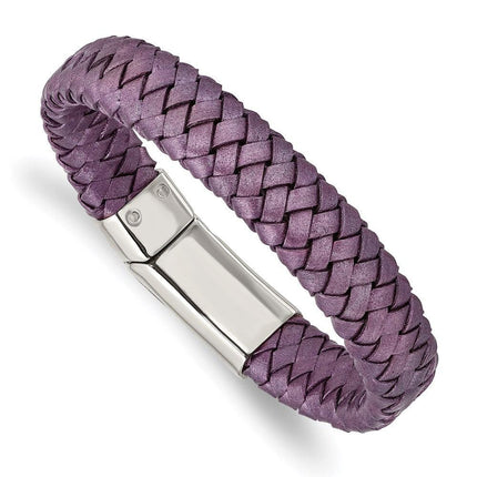 Stainless Steel Polished Metallic Purple Woven Leather Bracelet ,