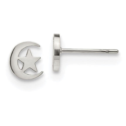 Stainless Steel Polished Moon and Star Post Earrings ,
