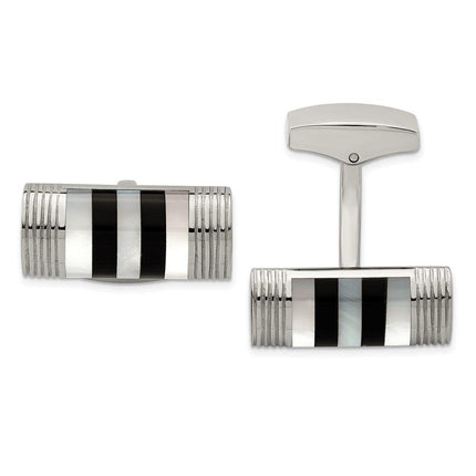 Stainless Steel Polished Mother of Pearl And Onyx Cufflinks ,