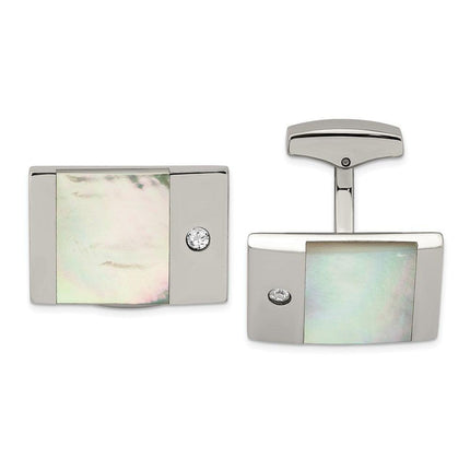 Stainless Steel Polished Mother of Pearl CZ Cufflinks ,