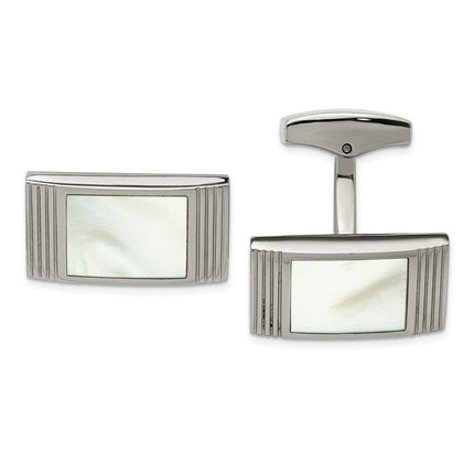 Stainless Steel Polished Mother of Pearl Grooved Rectangle Cufflinks ,
