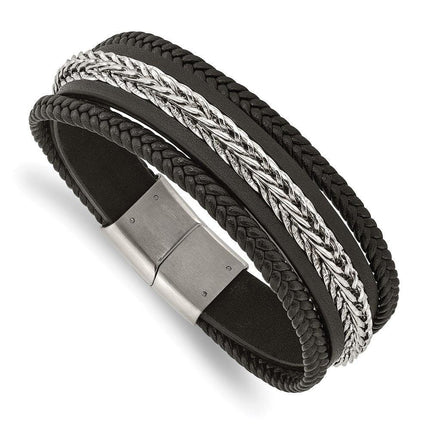 Stainless Steel Polished Multi Strand Black Leather 8.5in Bracelet ,