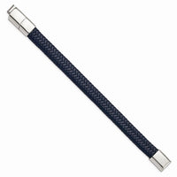 Stainless Steel Polished Navy Blue Leather w/.5in ext 7.75in Bracelet ,