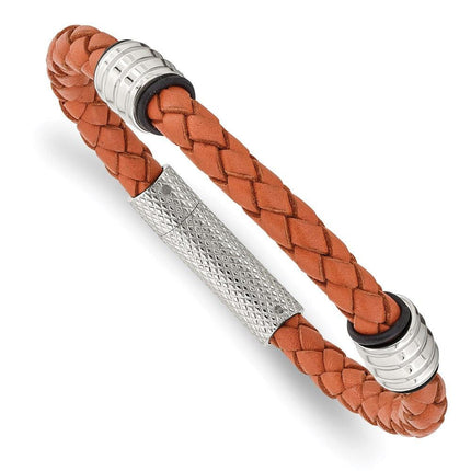 Stainless Steel Polished Orange Leather Bracelet ,