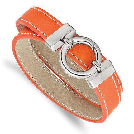 Stainless Steel Polished Orange Leather Wrap Bracelet ,