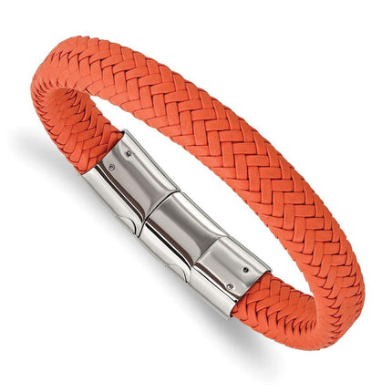 Stainless Steel Polished Orange Woven Leather w/.5in ext 8in Bracelet ,