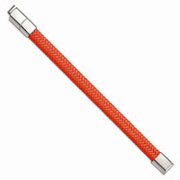 Stainless Steel Polished Orange Woven Leather w/.5in ext 8in Bracelet ,