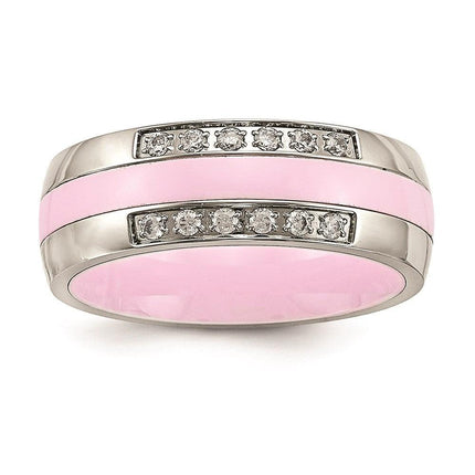 Stainless Steel Polished Pink Ceramic CZ Ring ,