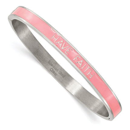 Stainless Steel Polished Pink Enamel HAVE FAITH 6mm Hinged Bangle ,