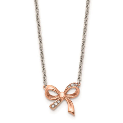 Stainless Steel Polished Pink IP plated CZ Bow with 1.75in ext. Necklace ,