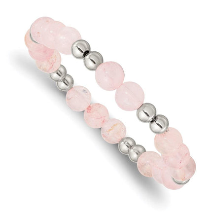 Stainless Steel Polished Pink Quartz Beaded Stretch Bracelet ,