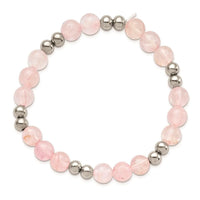 Stainless Steel Polished Pink Quartz Beaded Stretch Bracelet ,