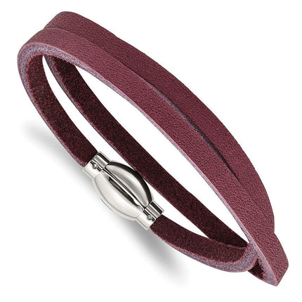 Stainless Steel Polished Purple Leather Wrap Bracelet ,