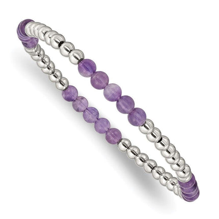 Stainless Steel Polished Purple Zebra Amethyst Beaded Stretch Bracelet ,