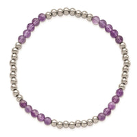 Stainless Steel Polished Purple Zebra Amethyst Beaded Stretch Bracelet ,