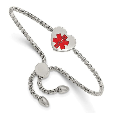 Stainless Steel Polished Red Enamel Heart Medical ID Adjustable Bracelet ,