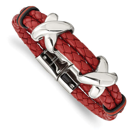 Stainless Steel Polished Red Leather and Rubber Bracelet ,