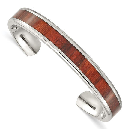 Stainless Steel Polished Red Wood Inlay Bangle ,