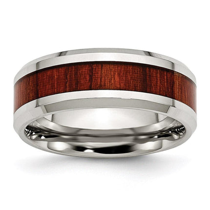 Stainless Steel Polished Red Wood Inlay Enameled 8.00mm Ring ,