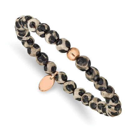 Stainless Steel Polished Rose IP Black and White Agate Stretch Bracelet ,