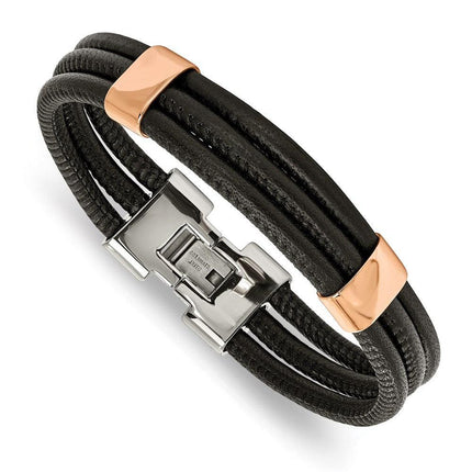Stainless Steel Polished Rose IP Blk Leather 8 inch Bracelet ,