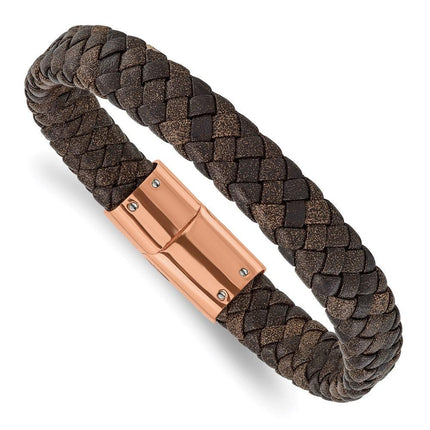 Stainless Steel Polished Rose IP Braided Brown Leather Bracelet ,