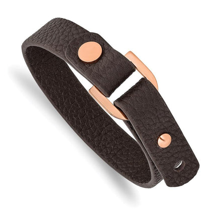 Stainless Steel Polished Rose IP Brown Leather Adjustable 8.5in-9in Bracele ,