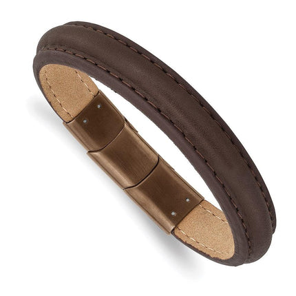 Stainless Steel Polished Rose IP Brown Leather w/.5in ext 7.75in Bracelet ,