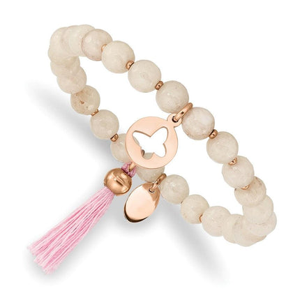 Stainless Steel Polished Rose IP Butterfly Pink Agate Beaded Stretch Bracel ,